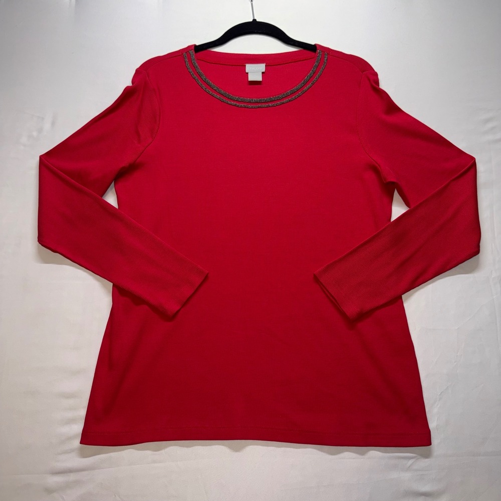 Chico's Ribbed Long Sleeve Top Womens 2 (L) Red Embellished Neck‎ Casual